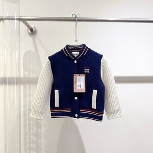 Authentic Miu Miu Navy & Cream Ribbed Sleeve Knit Bomber Cardigan